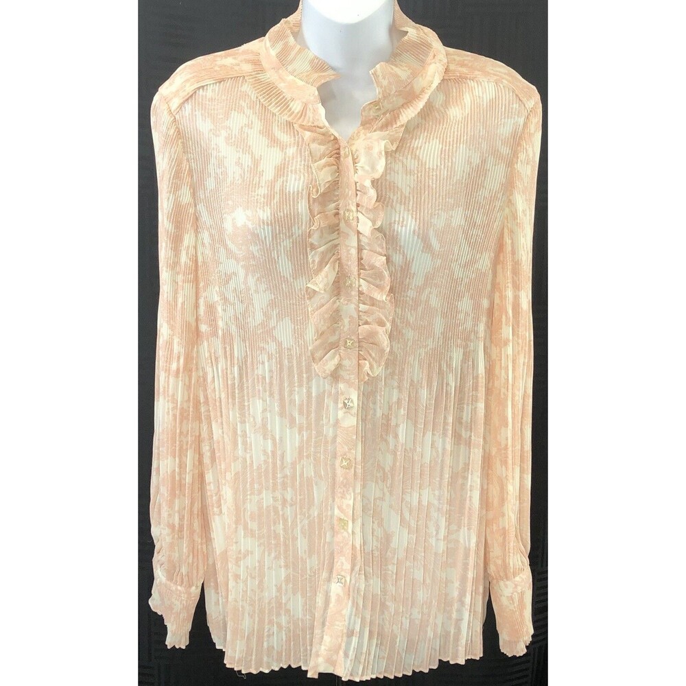 Dialogue Chiffon Top M Peach Paisly Ruffles Collar Pleated Coquette Romantic